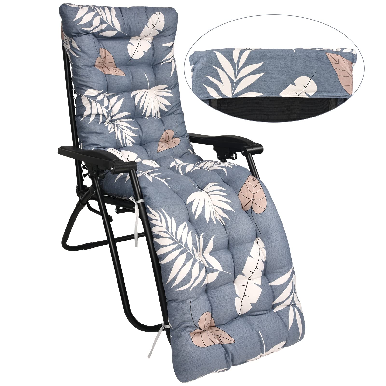 WildFun Sun Lounger Cushions, Garden Sunlounger Cushion Thick Chair Cushions with Non-Slip Top and Tie Ropes for Garden Patio Beach (Grey Leaves)