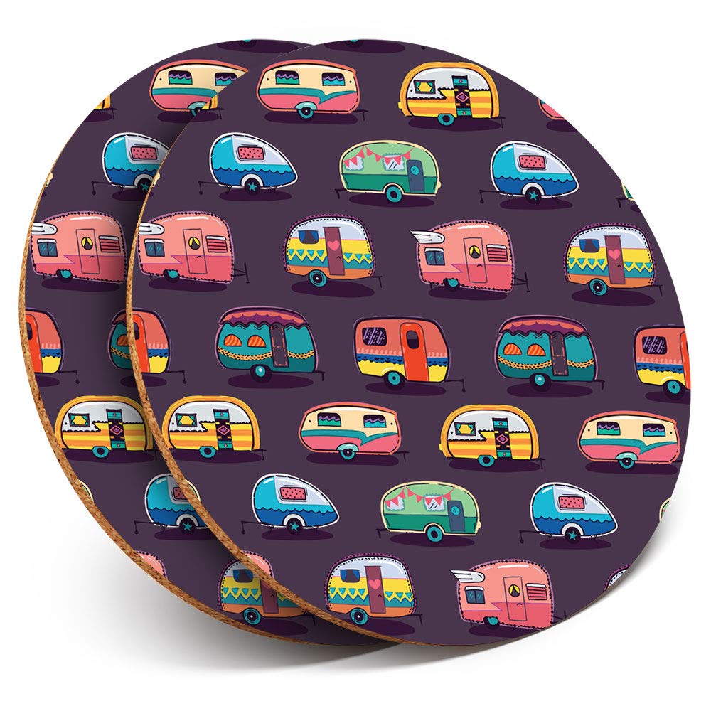 Destination Vinyl Ltd Multicolor 2 X Round Coasters - Fun Caravans Caravan Camping - Cork Backed Home Kitchen Accessory Tea Coffee Mug Mat #3172