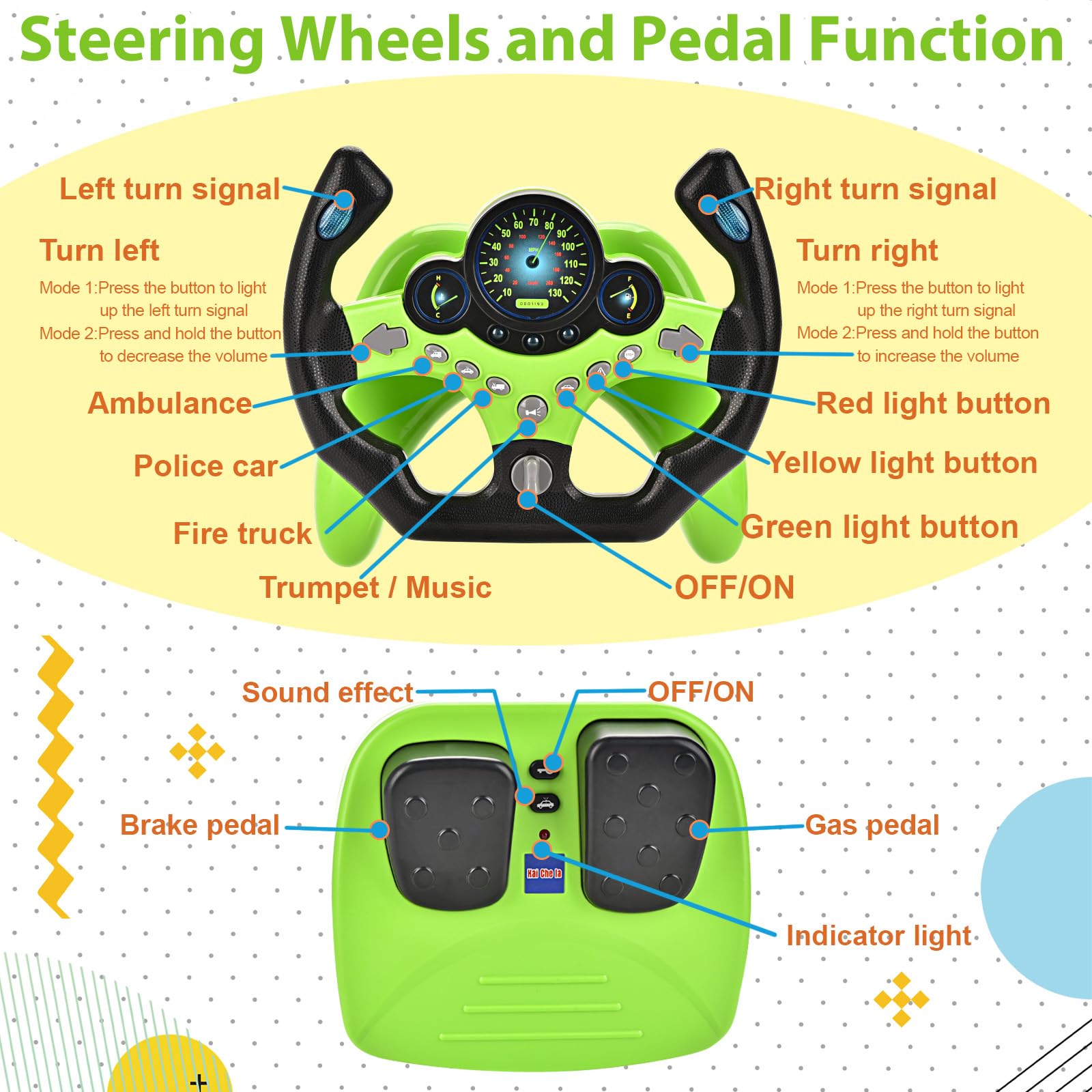 RedCrab Volante Giocattolo per Auto con Pedale del Freno e Dell'acceleratore, 360° Simulatore di Guida Bambini con Funzioni Luminose e Sonore, Regalo Educativo Precoce per Bambini