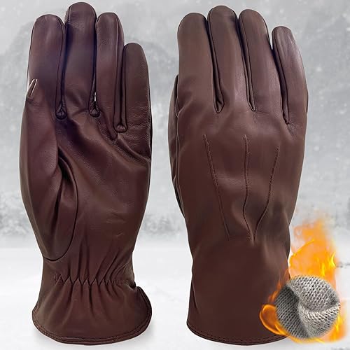 Miniatura 5 de ZLUXURQ Guantes de cuero de lujo para hombre con forro de cachemira, suave y cómodo piel de cordero Touchsreen