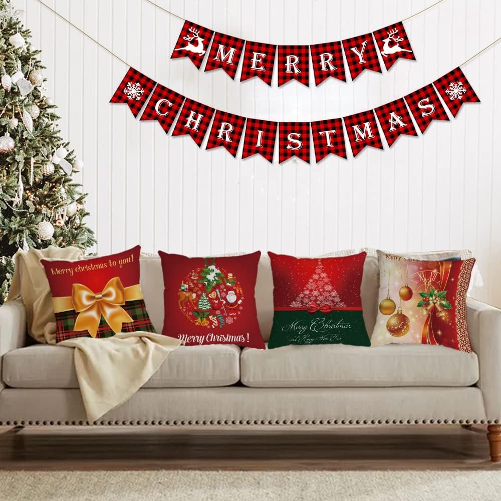 YeeJu Set of 4 Christmas Decorative Throw Pillow Covers Christmas Holiday Velvet Pillow Cases Xmas Red Green Cushion Covers Outdoor Sofa Home Bed Decor Home Decorations 20x20 Inch