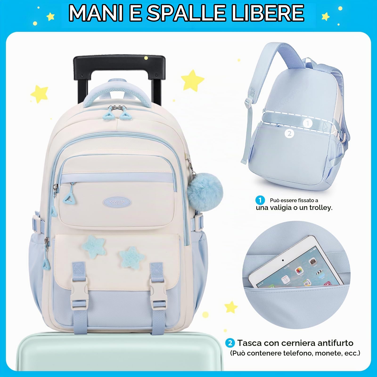 Amythe Zaino Ragazza Scuola Elementare Media Leggero con Ciondolo, Blu | Zaino Elementari Medie Grande Idrorepellente Casual per Bambini 9 a 14 anni, Adatto al Trolley, Ritorno a Scuola / Viaggio