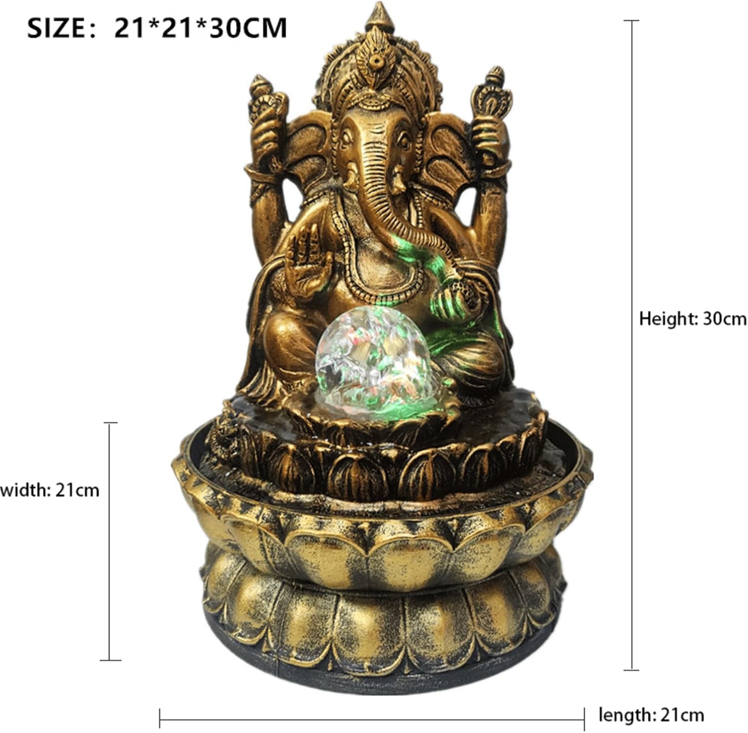 Golden Ganesha Lotus Fountain – 12-inch Indoor/Outdoor Water Feature with LED Crystal Ball, Plastic & Resin Décor (B)(D)