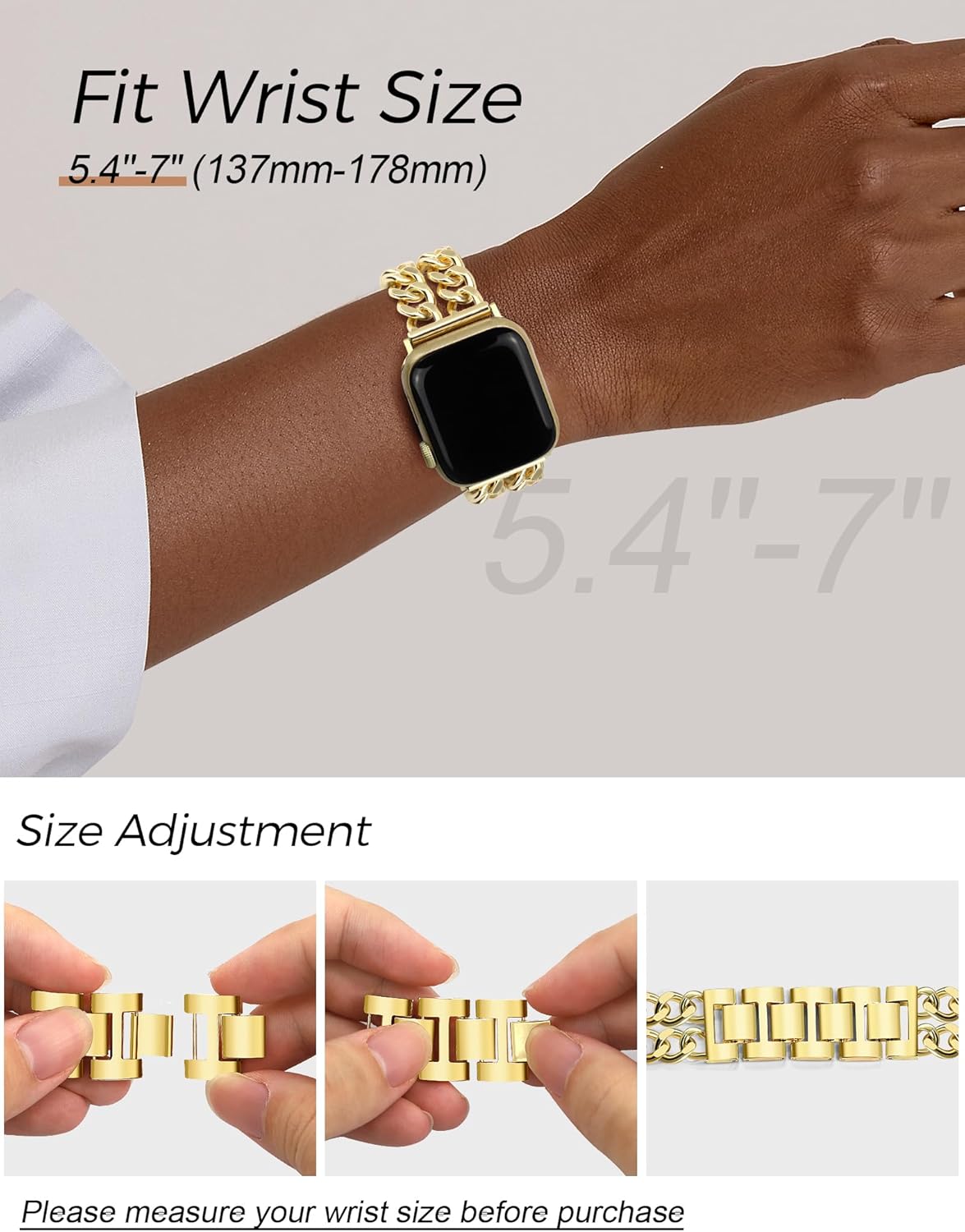 JR.DM Gold Watch Bands for Women Compatible with Apple Watch Band 42mm(S3/2/1) 44mm 45mm 46mm 49mm Adjustable Metal Bracelet for iWatch Series1/2/3/4/5/6/7/8/9/10/11 SE 3/2/1 Ultra 1/2/3 (No Case) - Image 5