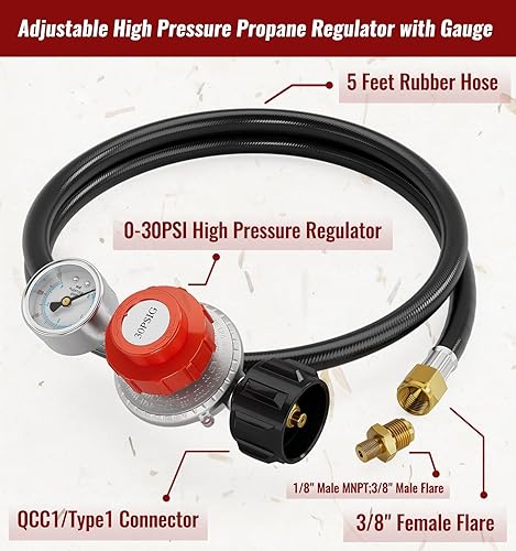 Vista 14 de Manguera reguladora de propano de alta presión de 15 pies con medidor, regulador de tanque de propano ajustable de 0 ~ 30 PSI, acero inoxidable