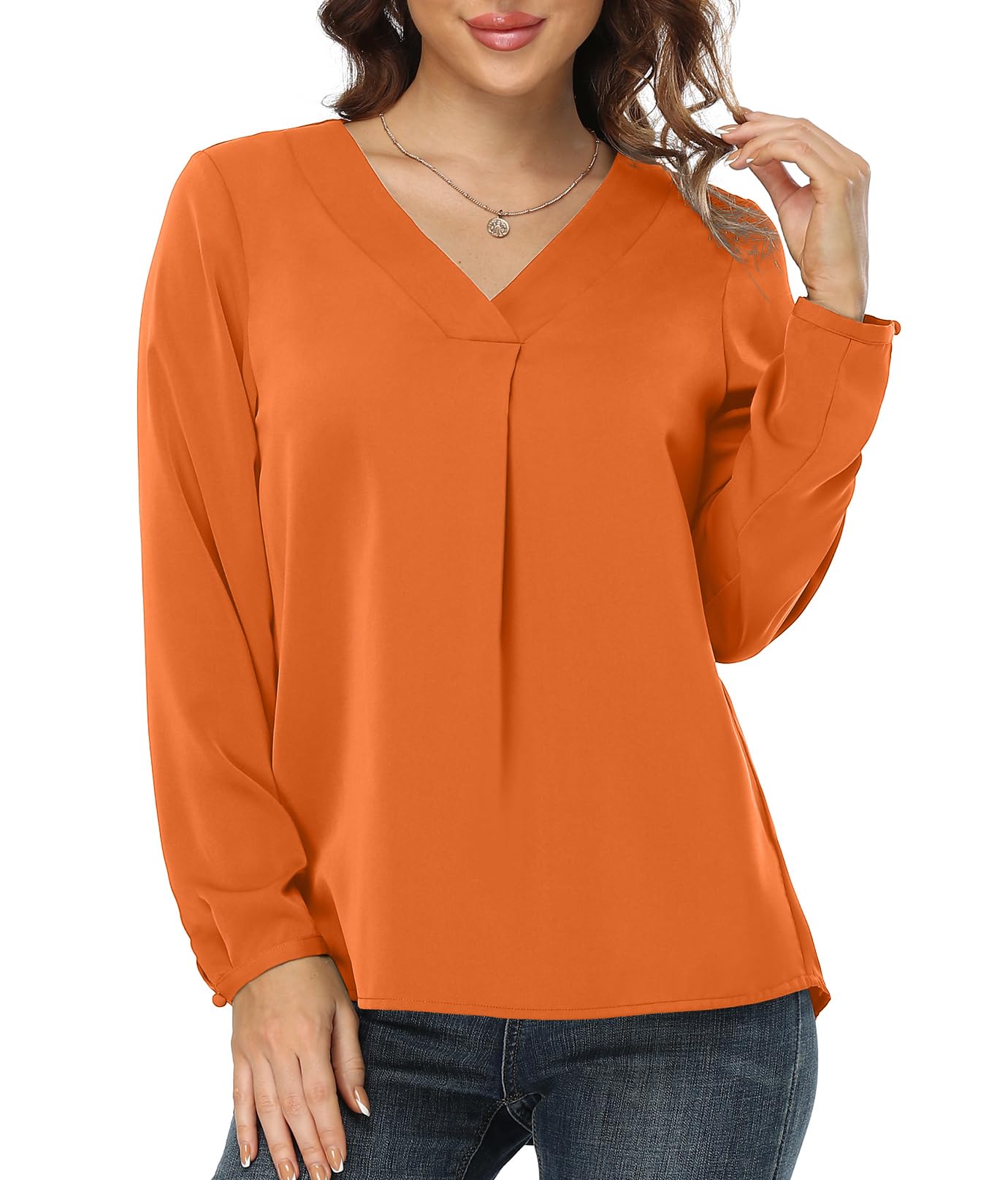 Jouica Blouses for Women Casual Chiffon Blouse Tops Loose V Neck Long Sleeve Blouse
