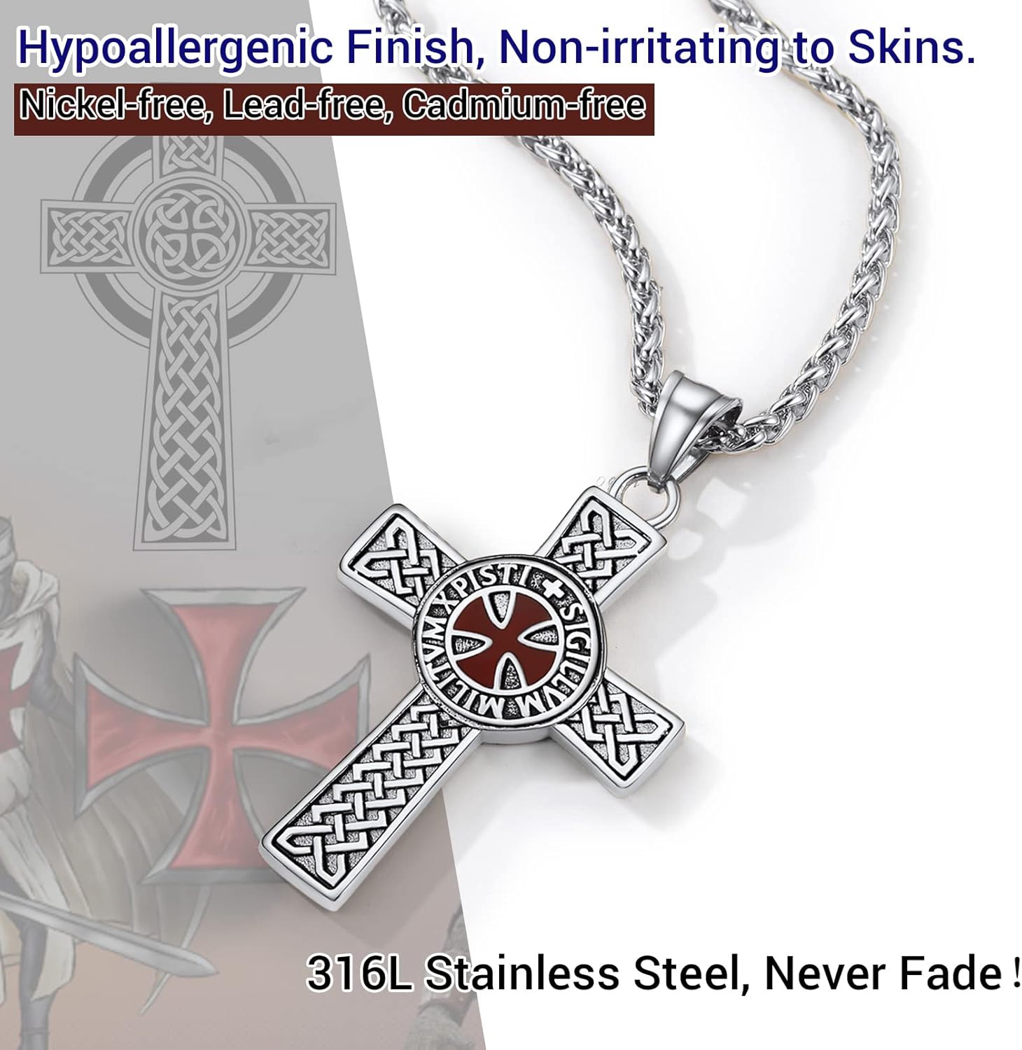 PROSTEEL Vintage Masonic Knight Templar Necklace, 316L Stainless Steel Round/Cross/Shield Pendant Necklace, Come with Box - Image 6