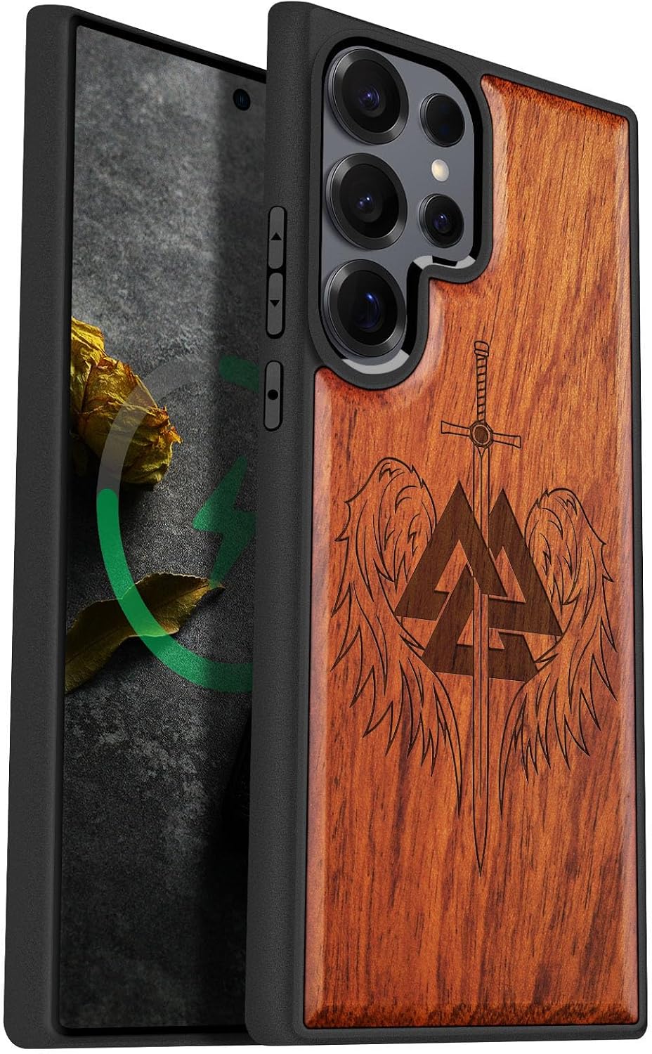 Carveit Magnetic Wooden Case for Samsung Galaxy S25 Ultra Case 2025, TPU Shockproof Cover & Wood Artisan Engraved, Compatible with MagSafe Wireless Chargers (Valknut and Sword) Rosy