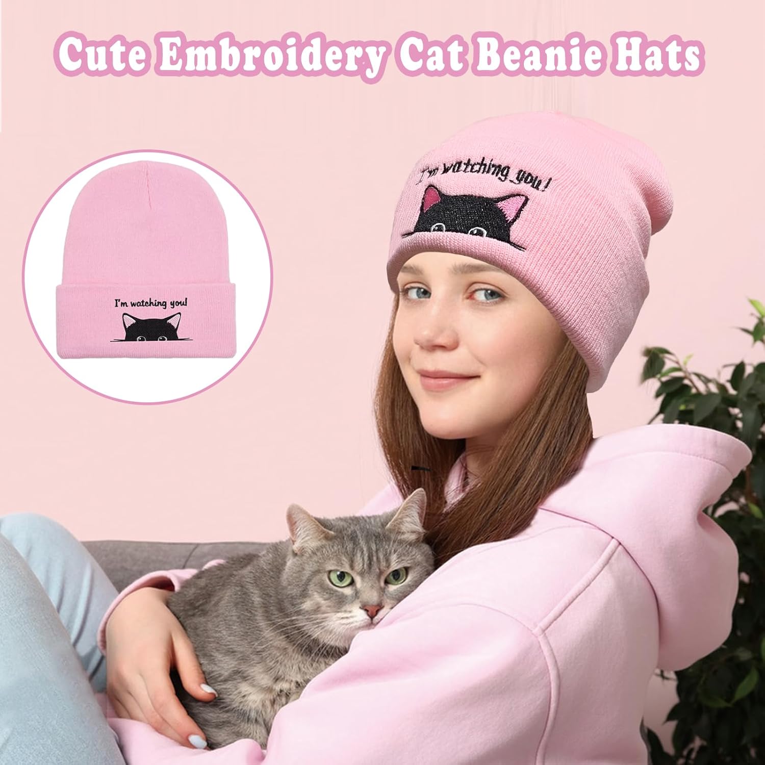 Women’s Cat Beanie, Cute Animal Knitted Hats Cat Lovers Gifts, Funny Christmas Stocking Stuffers for Women Girls - Image 2