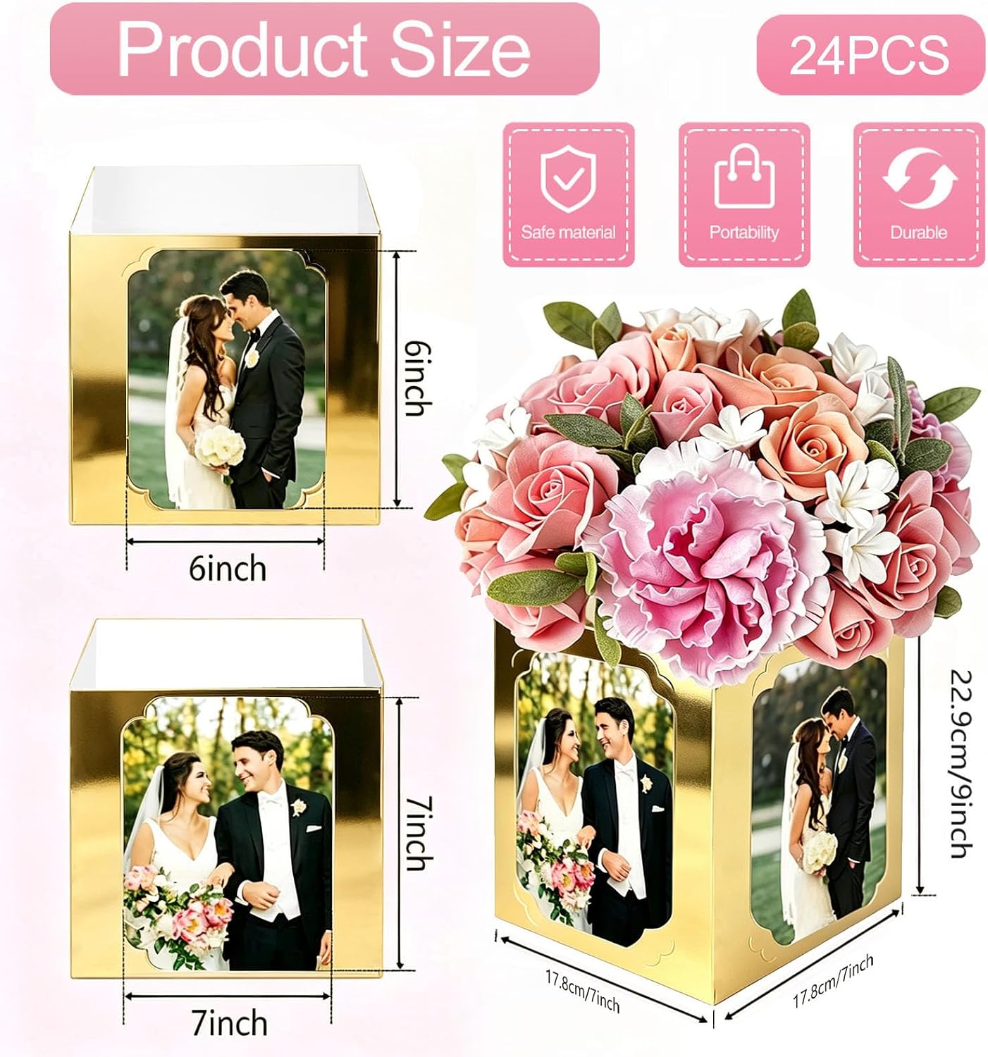 24PCS Gold Photo Centerpieces for Tables, 6/7 Inch Picture Display Frames & Hollow Photo Props, Perfect for Weddings, Graduations, and Celebrations image 2