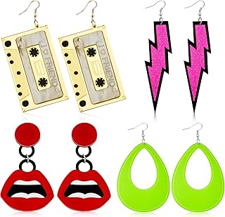 4 Pairs 80s Retro Earrings 1980s Retro Neon Earrings 80s Costume Earrings Exaggerated Earrings for Women Girls