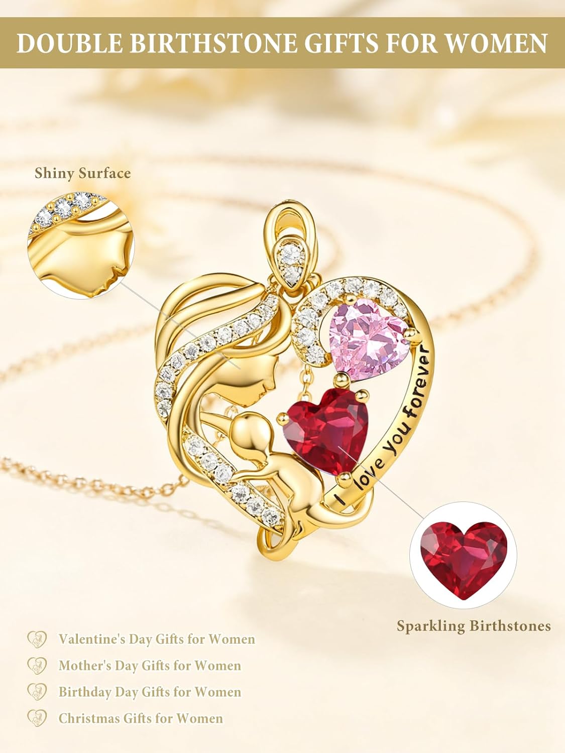 14K Gold Double Birthstone Heart Necklace for Women Mom, Mother Son/Daughter Pendant Necklace for Christmas Mother's Day Birthday Gifts for Wife Daughter Grandmom - Image 3