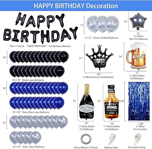 Miniatura 2 de Blue and Black Happy Birthday Decorations for Men,Birthday Decorations with Banner, Fringe Curtains,Foil Balloons, Balloon Kits for 21st,25th 27th