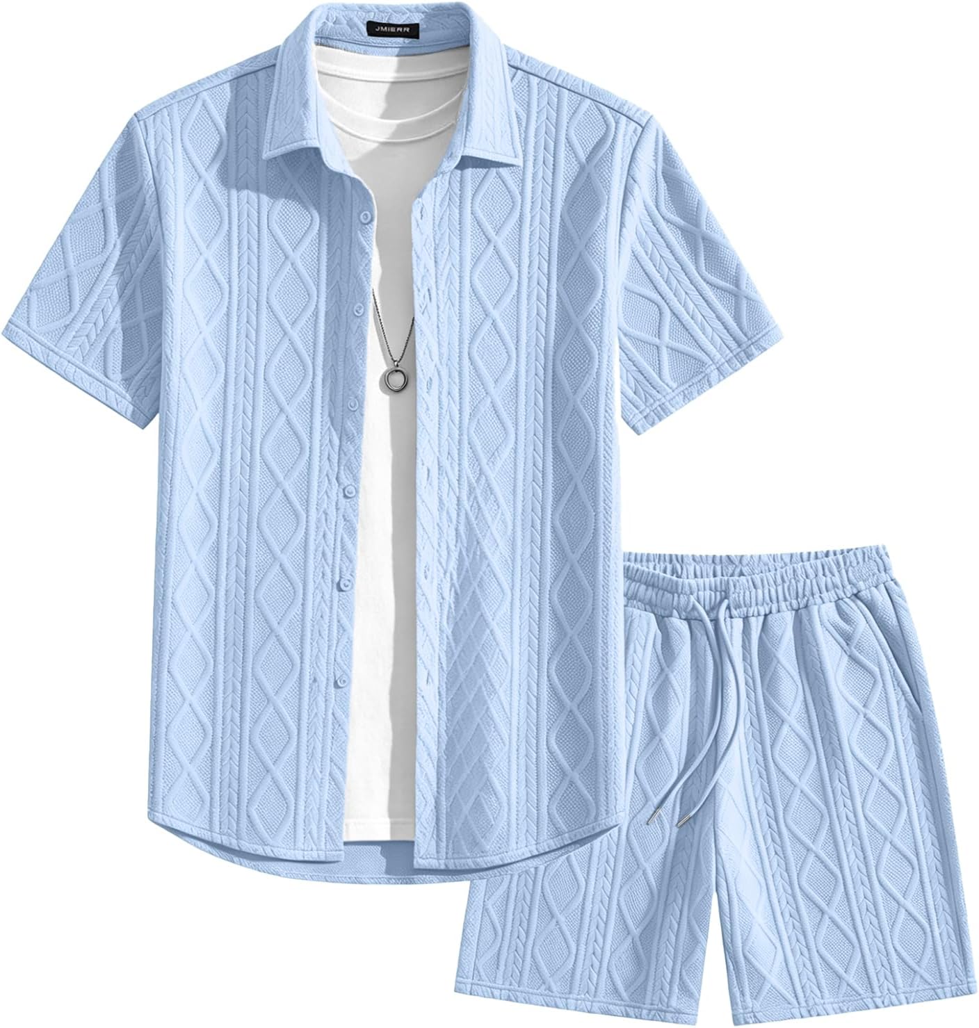 JMIERR Men's Summer 2 Piece Beach Sets Texture Short Sleeve Button Down Knit Shirts and Shorts Vacation Outfits of Men