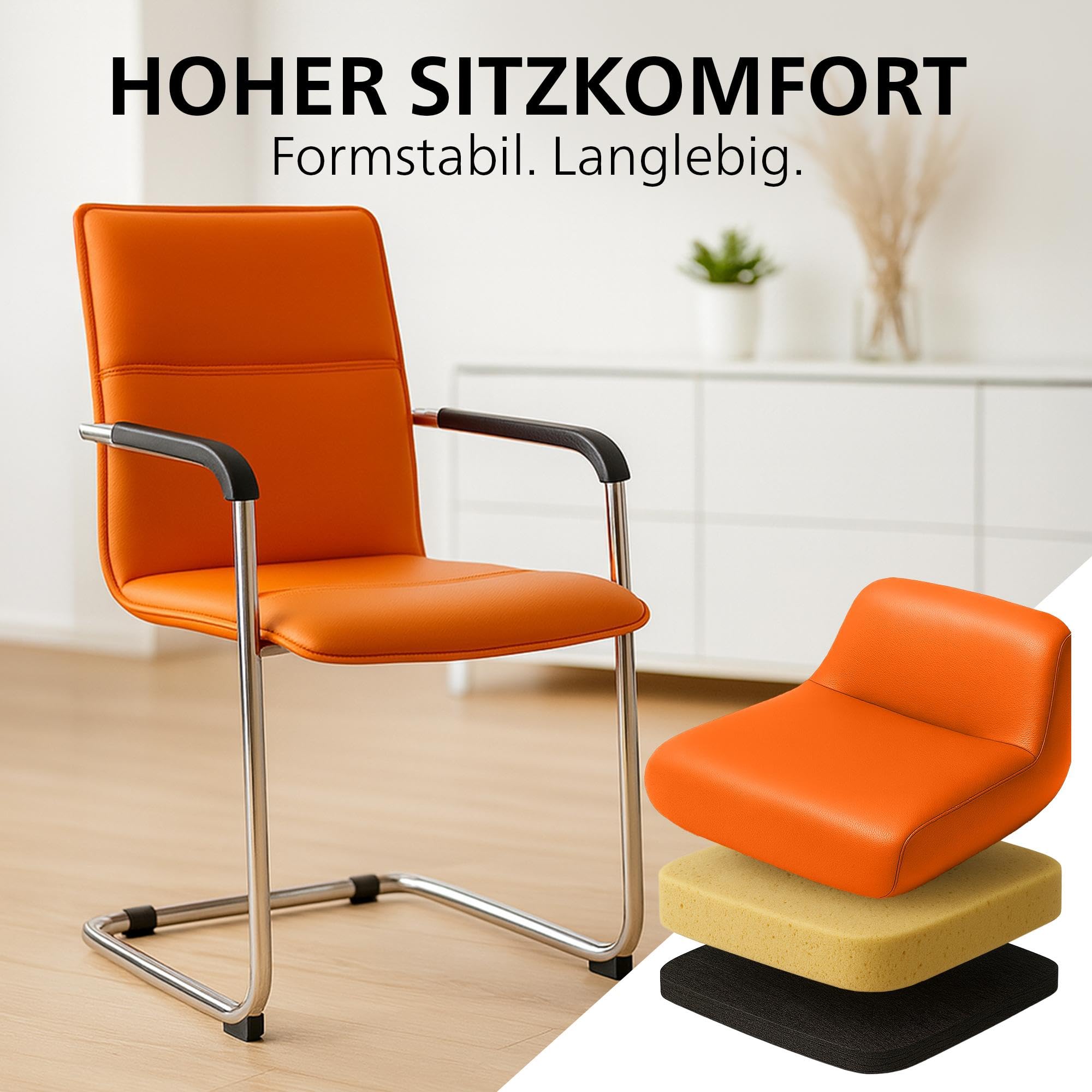 CLP Freischwinger Stühle 2er Set mit Armlehnen Seattle, Moderne Esszimmerstühle gepolstert mit Kunstlederbezügen, Gestelle in Chromoptik, Farbe:orange