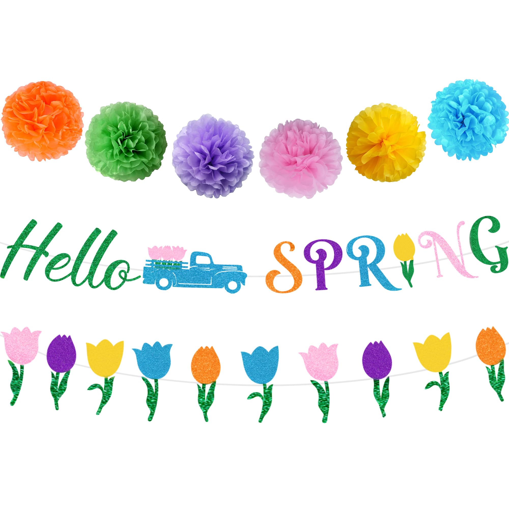 Photo 1 of **2 PACKS** Hokinaa Hello Spring Party Decorations - 8 Pcs Pre-strung Happy Easter Banner Garland Hanging Pom Poms Flower Balls Colorful Tulip Decor Supplies for Indoor Outdoor Home Garden Mantel Office Classroom