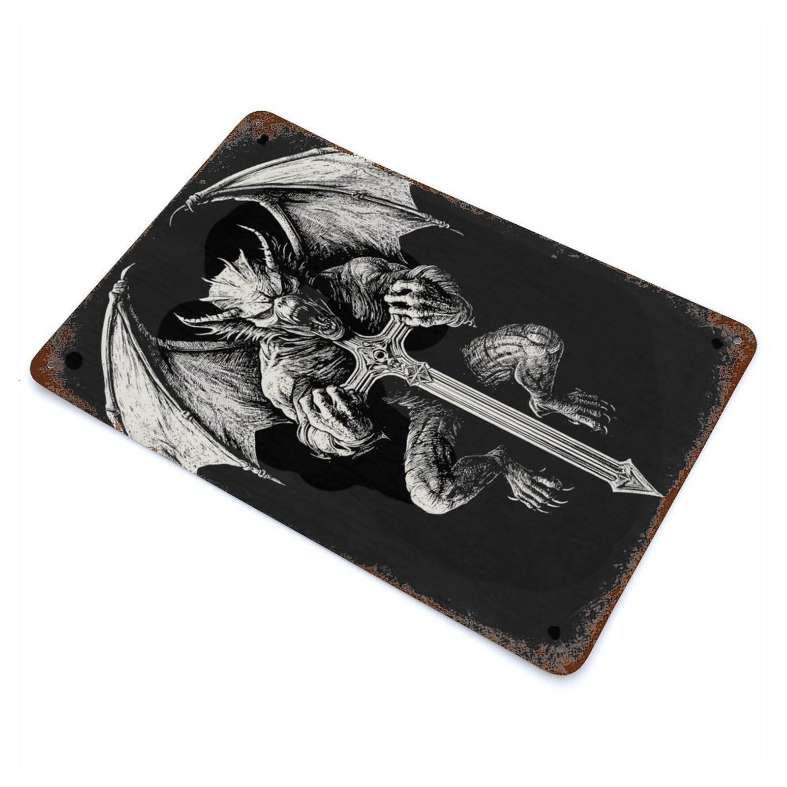 Demon with Cross Rusty Metal Tin Sign 11.8"x7.9", Ideal for Farmhouse, Kitchen And Entryway Decor