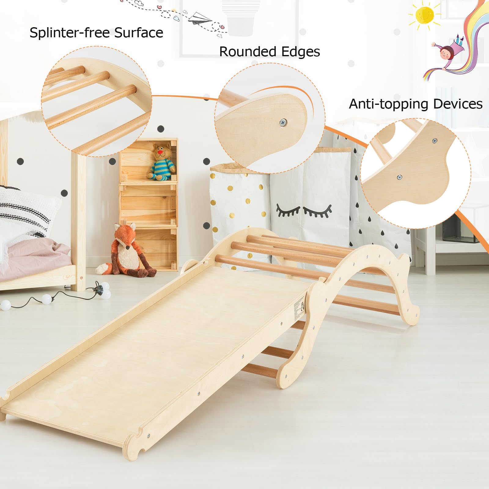 HOMASIS 3-in-1 Kletterbogen mit Rutsche & Wippe, Klettergerüst Indoor mit umkehrbare Rampe & Matte, Kletterdreieck zum Rutschen, Klettern, Schaukeln, für Kinder ab 1 Jahr (Natur, Modell 2)