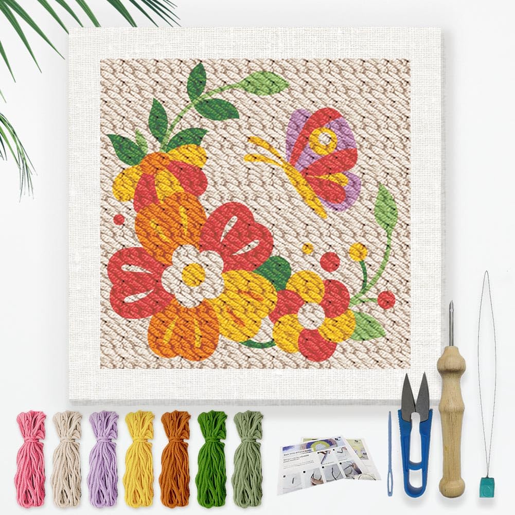 DOODLREAM DIY Punch Needle Embroidery Kit for Adult Beginner 24cm Flower and Butterfly Punch Stitching Craft Set for Starter with Frame Fabric Pattern