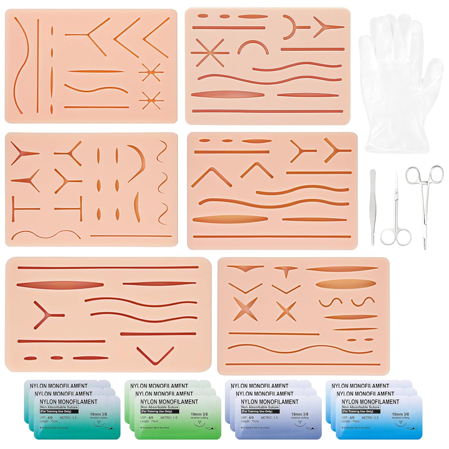 6 Pcs Suture Practice Pads with Pre-Cut Wound,Hard to Rip Tear or Break,Three-Layer Suture Practice Kit,Mosquito Forceps,Needle Holder,Scissors,Needle,Threads,for Medical Vet Nursing Training Gift