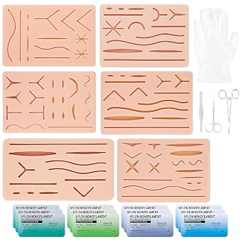 6 Pcs Suture Practice Pad Kit with Pre-Cut Wound,Hard to Rip Tear or Break,Three-Layer Suture Practice Kit,Mosquito Forceps,Needle Holder,Scissors,Needle,Threads,for Medical Vet Nursing Training