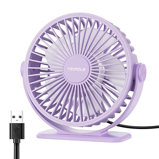 TriPole Desk Fan USB Powered Small Portable Fan, 3 Speeds Adjustable Strong Breeze Mini Personal Fan, 360° Rotation Quiet Plug In USB Fan for Desktop Bedroom Office Table Travel, Purple, 4.9ft Cable