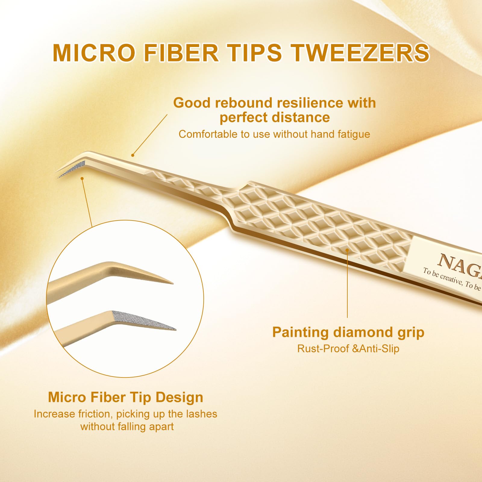 NAGARAKU Precision Fiber Tip Tweezer for Eyelash Extensions Diamond Grip Anti-Static Anti-Slip Premium Gold Stainless Steel Curved Volume Eyelashes Tweezers Supplies with Box(45 Degree Tweezer AG-07) - Image 3
