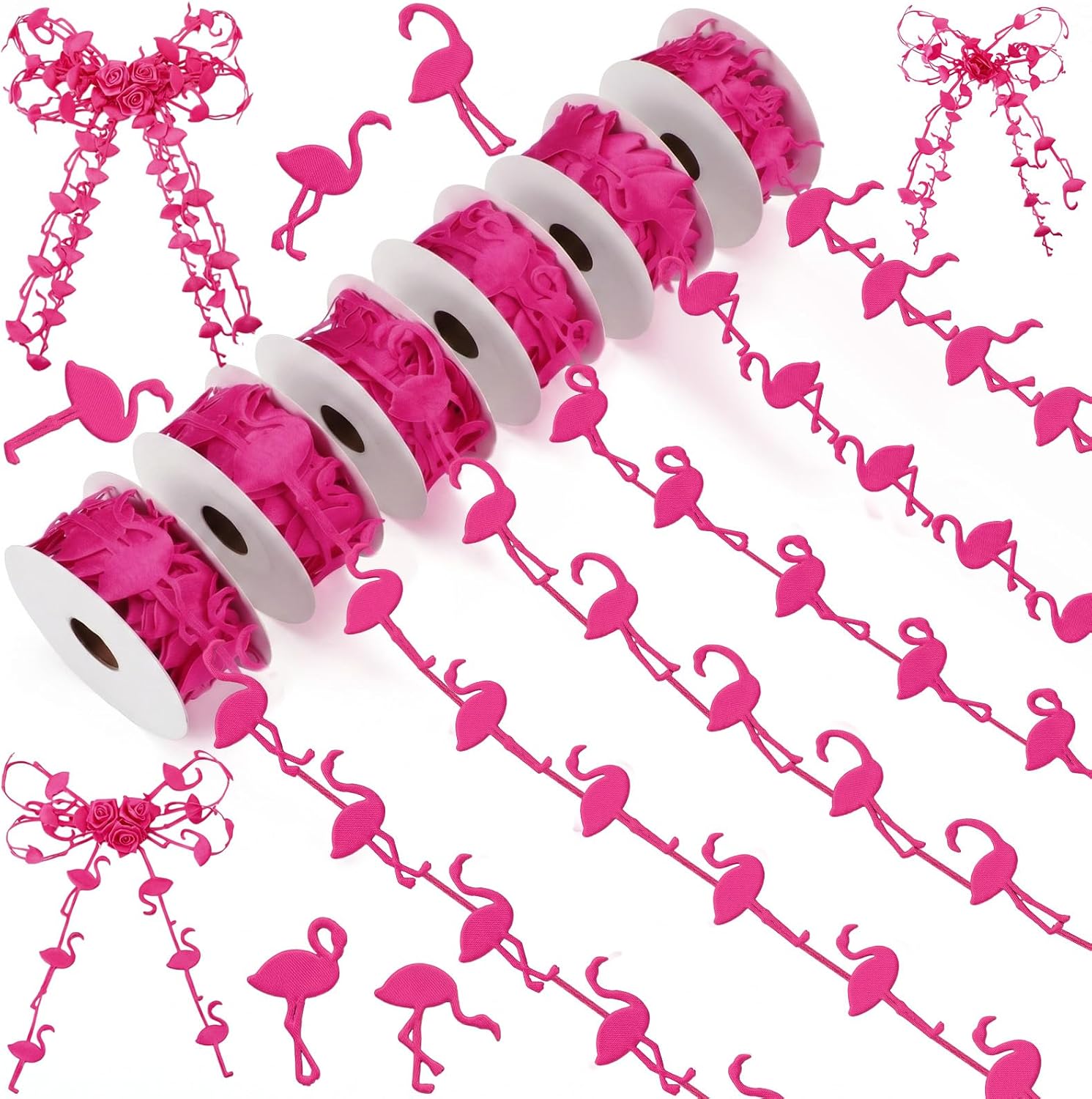 Hoteam 6 Rolls Summer Theme Ribbons Tropical Style Thin Ribbon 30 Yards Garland Flamingo Crab Fabric Trim for DIY Craft Gift Wreath Bows Wrapping Summer Party Decoration