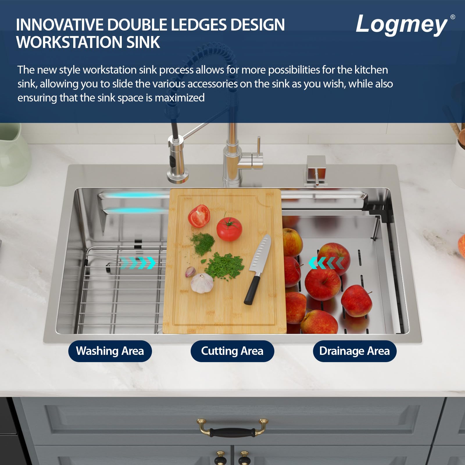 Drop In Workstation Sink - Logmey 33 Inch Stainless Steel Kitchen Sink 16 Gauge Single Bowl Topmount Sinks 33x22x9 Inches Round Corner Double Ledges Workstation Sinks with Accessories