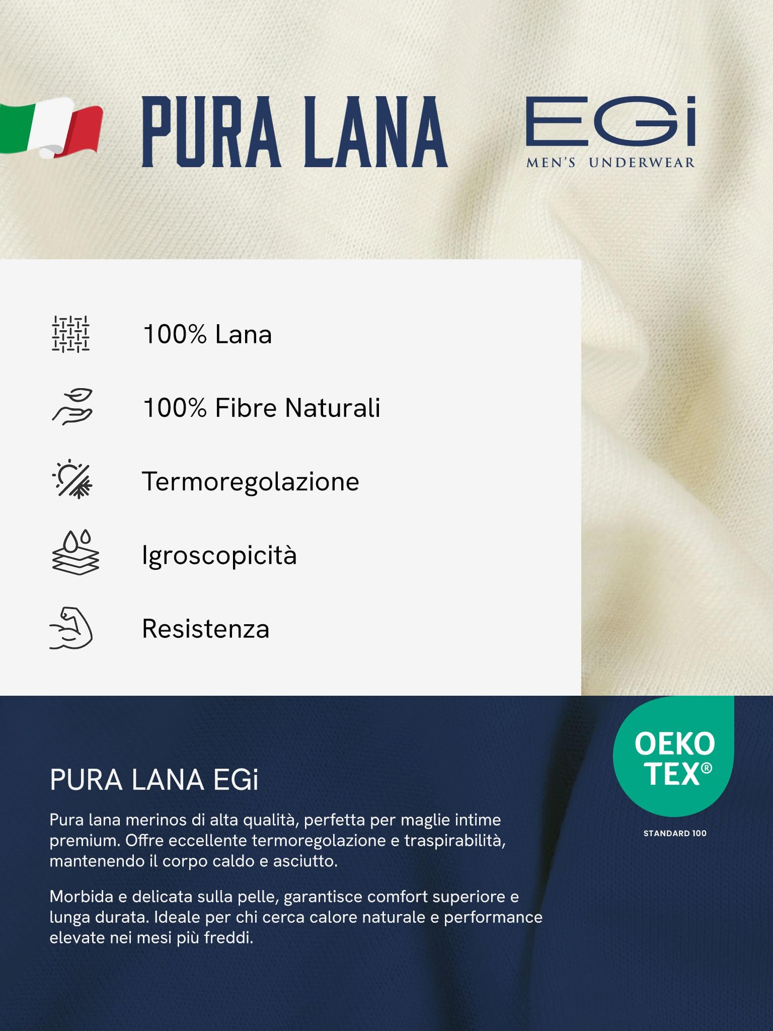 EGI Maglia Uomo Manica Corta Girocollo Pura Lana Intimo Termico Invernale Made in Italy