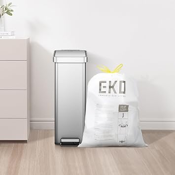 EKO 12.9 Gallon / 45-49 Liter, 110 Count Drawstring Trash Bags, Extra-Strong Unscented Garbage Bags, Easy-Dispense Roll for Kitchen & Household Use, Resists Tears, Leaks and Punctures, Code J, White