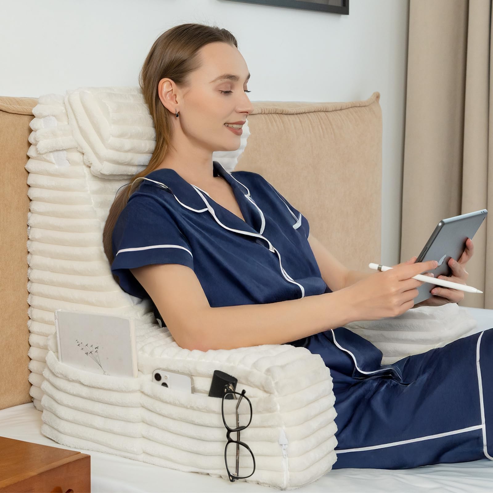 ENITYA Back Pillow for Bed Sitting up, Reading Pillow for Sitting in Bed Adult, Back Support Wedge for Reading/Resting/Post Surgery/Watching TV/Gaming,Ivory