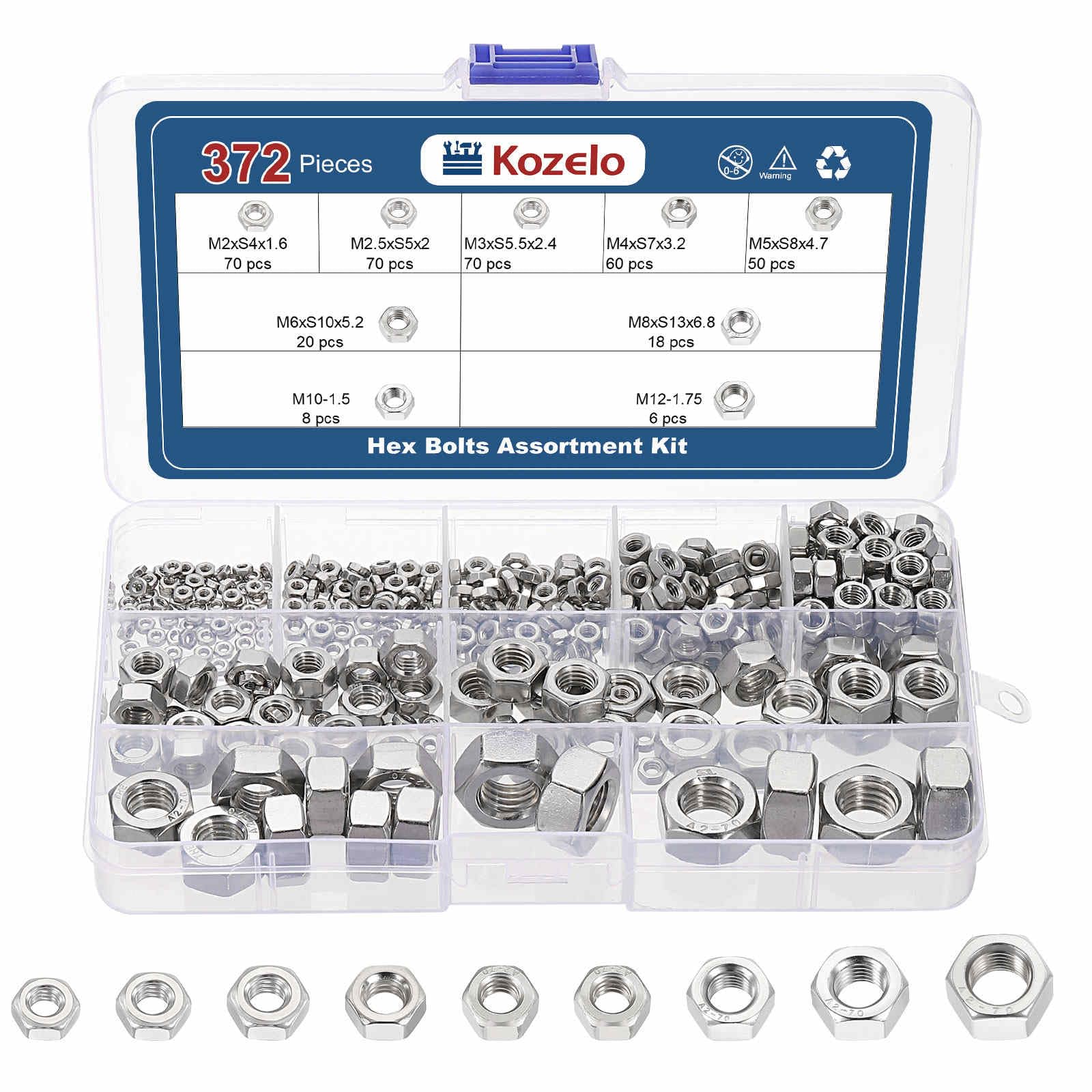 Kozelo 372pcs Hex Nuts Assortment Kit - [M2 M2.5 M3 M4 M5 M6 M8 M10 M12] 304 Stainless Steel 18-8 (A2-70) Hardware Nuts Set for Mechanical Repair & Assembly, Silver