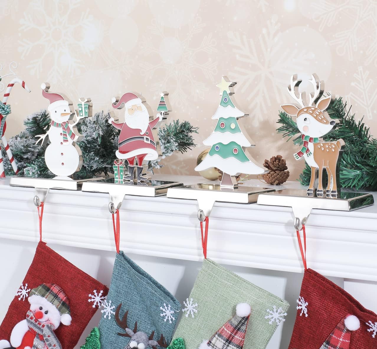 4 Pack Christmas Stocking Holders for Mantle Fireplace Stand Hanger Xmas Stocking Hooks Weighted Hangers for Xmas Holiday Decoration, Set of 4 Metal Stocking Holders for Xmas Fireplace Topper