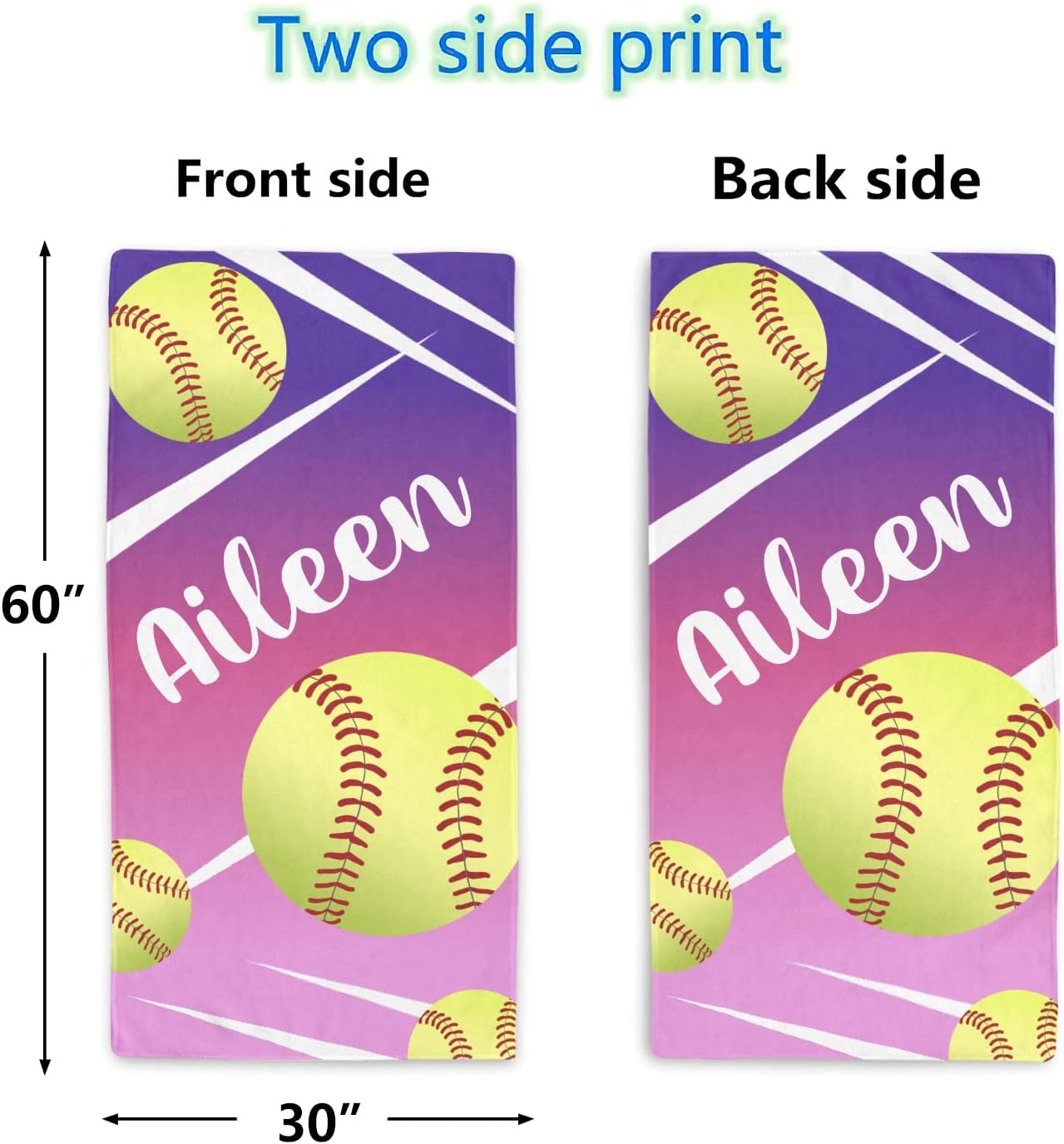 Personalized Softball Pink Purple Beach Towel with Name Quick Dry Absorbent Bath Towels 2 Sides Printed for Wedding Birthday Gift 30 X 60 inch