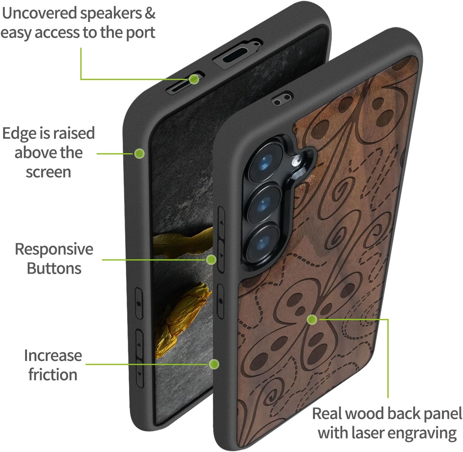 Carveit Wood Case for Galaxy S24 Plus Case [Natural Wood & Black Soft TPU] Shockproof Protective Cover Unique Wooden Design Compatible with S24 Plus (Whimsical Butterfly-Walnut)