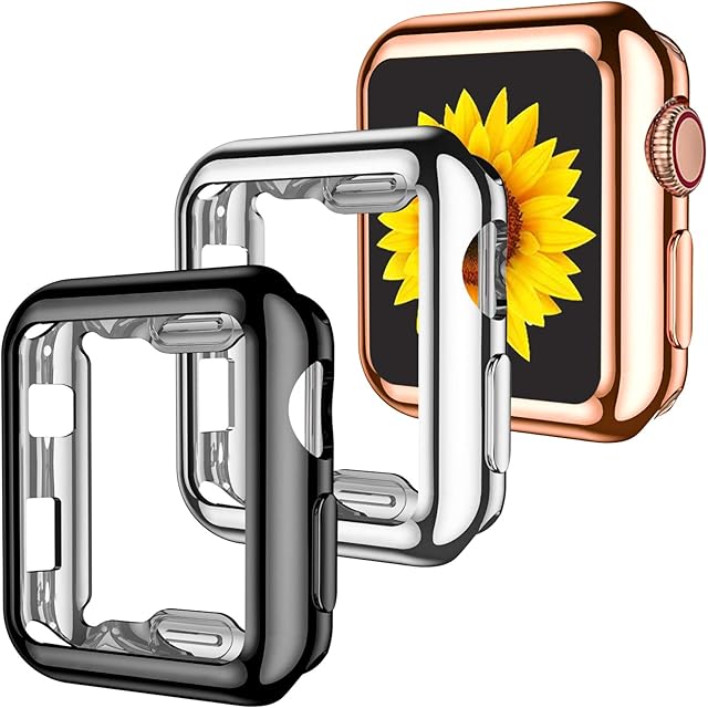 GEAK 3 Pack Compatible with Apple Watch Case 38mm,Soft HD High Sensitivity Screen Protector with TPU All Around Anti-Fall Bumper Protective Case for iWatch Series 3/2/1 38mm Black/Silver/Rose Gold