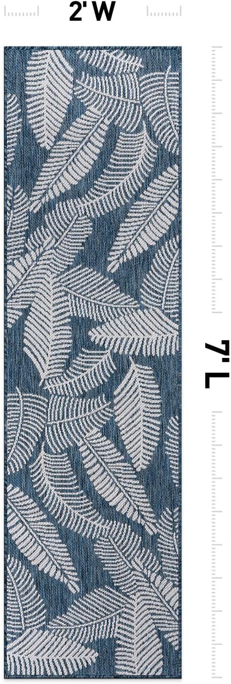 Rugshop Bella Distressed Palm Leaves Textured Flat Weave Easy Cleaning Outdoor Rugs for Deck,Patio,Backyard Indoor/Outdoor Runner Rug 2' x 7' Navy