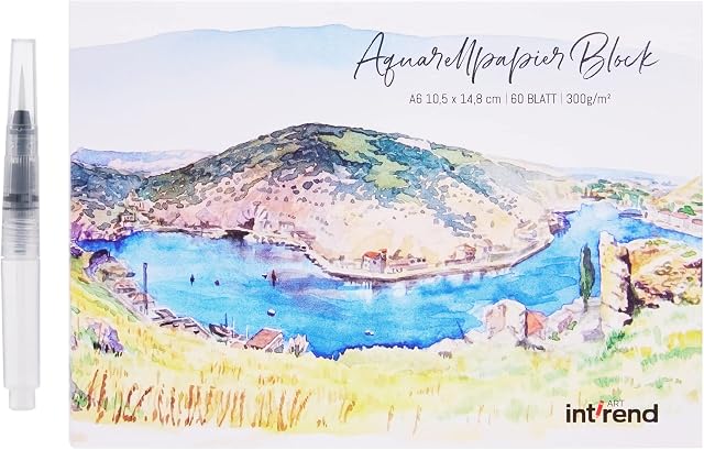 int!rend Watercolour Paper DIN A6 300gsm - 60 White Glued Painting Paper + Water Tank Brush - Premium Water Colour Postcards Pad