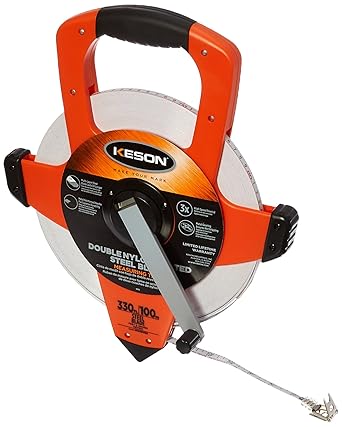 Keson NRS18M330 Nylon-Reinforced Steel Blade Tape Measure, Speed Rewind with Double Hook (Graduations: ft., in., 1/8 & m, cm, 2mm), 100M/330-Foot