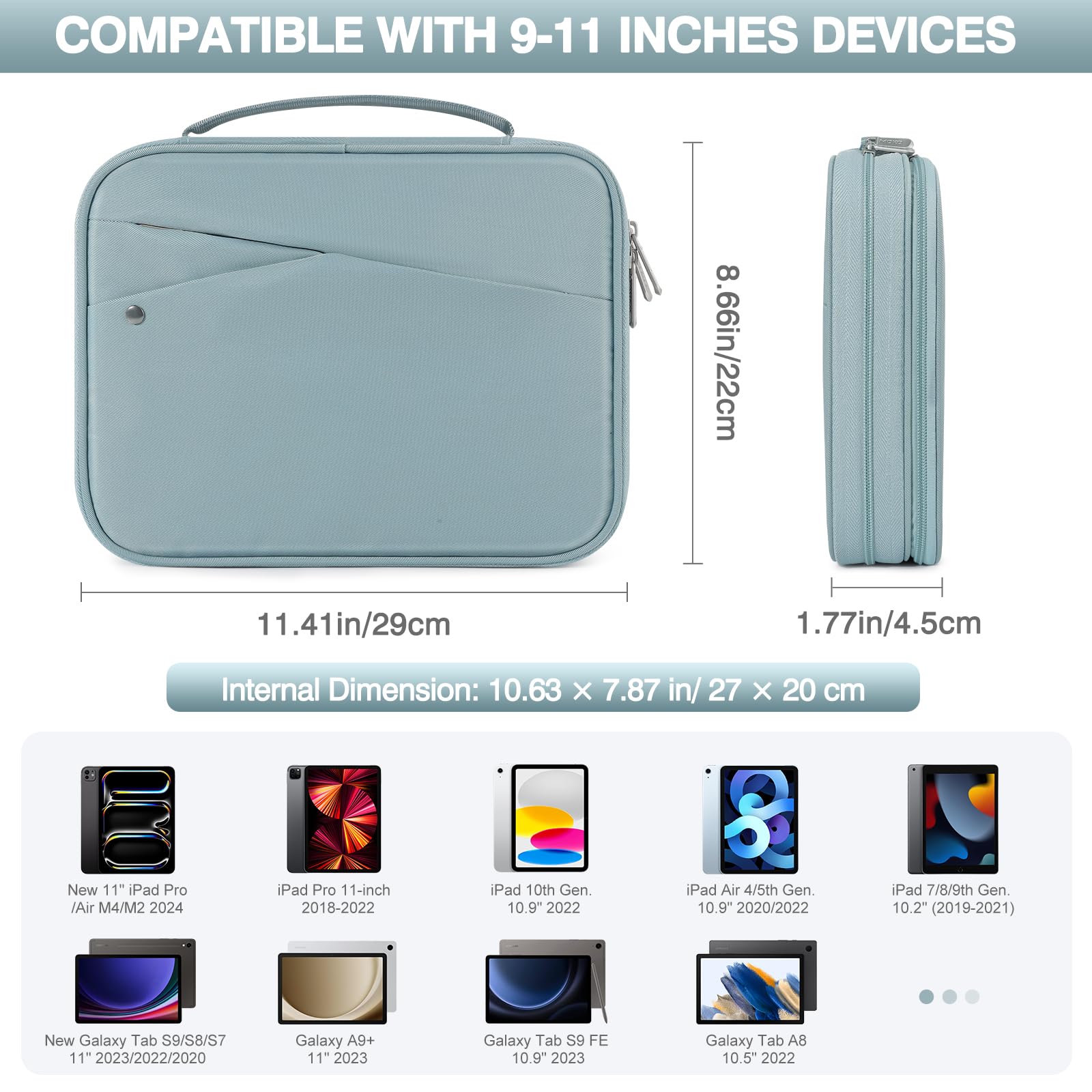 MoKo 9-11 Zoll Laptop-Taschen für Tablets iPad Pro M4 & Air M2 2024, iPad 10th Gen 10,9, 9/8. 10,2, iPadAir 5/4th 10,9, Zweischichtige i-Pad Tasche mit rutschfestem Tragegriff, trübes Blau