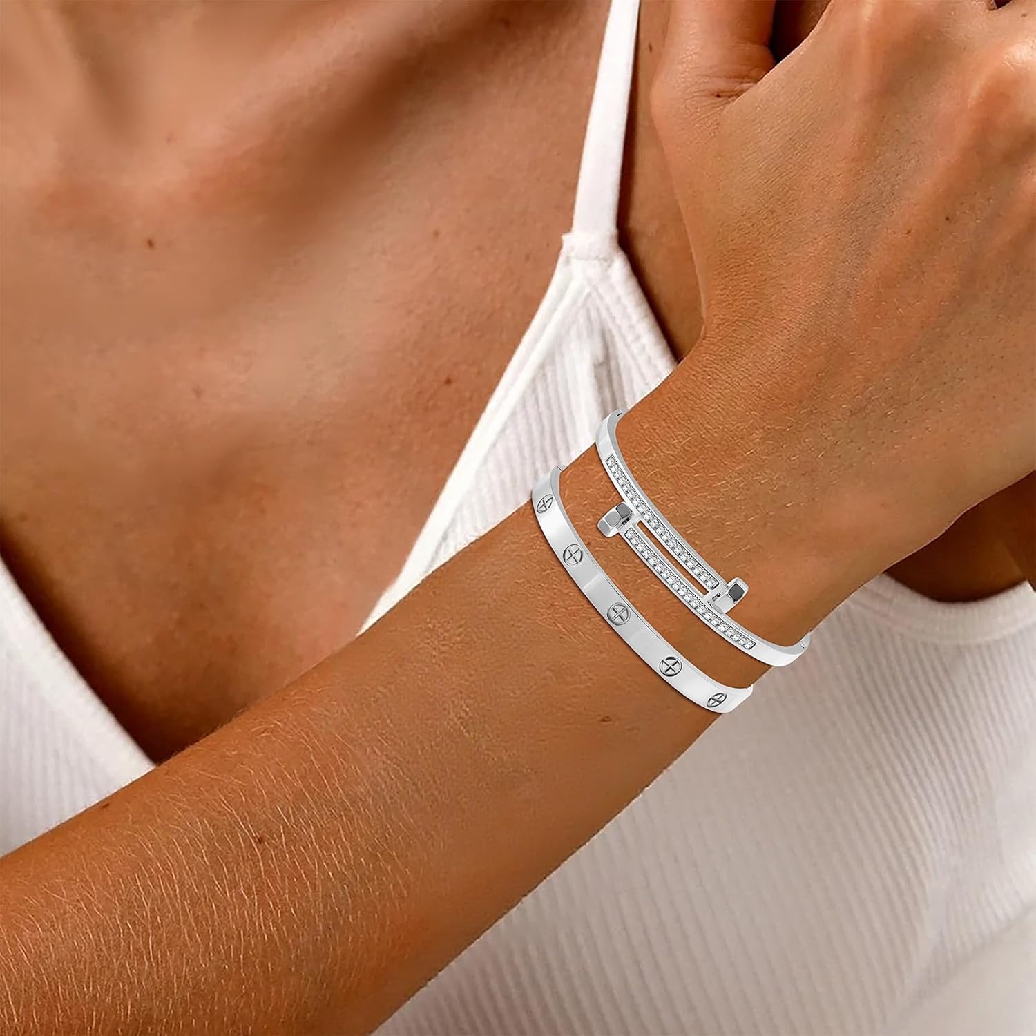 2PCS Gold Bracelets for Women Friendship & Love Theme Crystal Bangle Set Stainless Steel Non Tarnish Jewelry, Ideal Birthday Gift. - Image 5