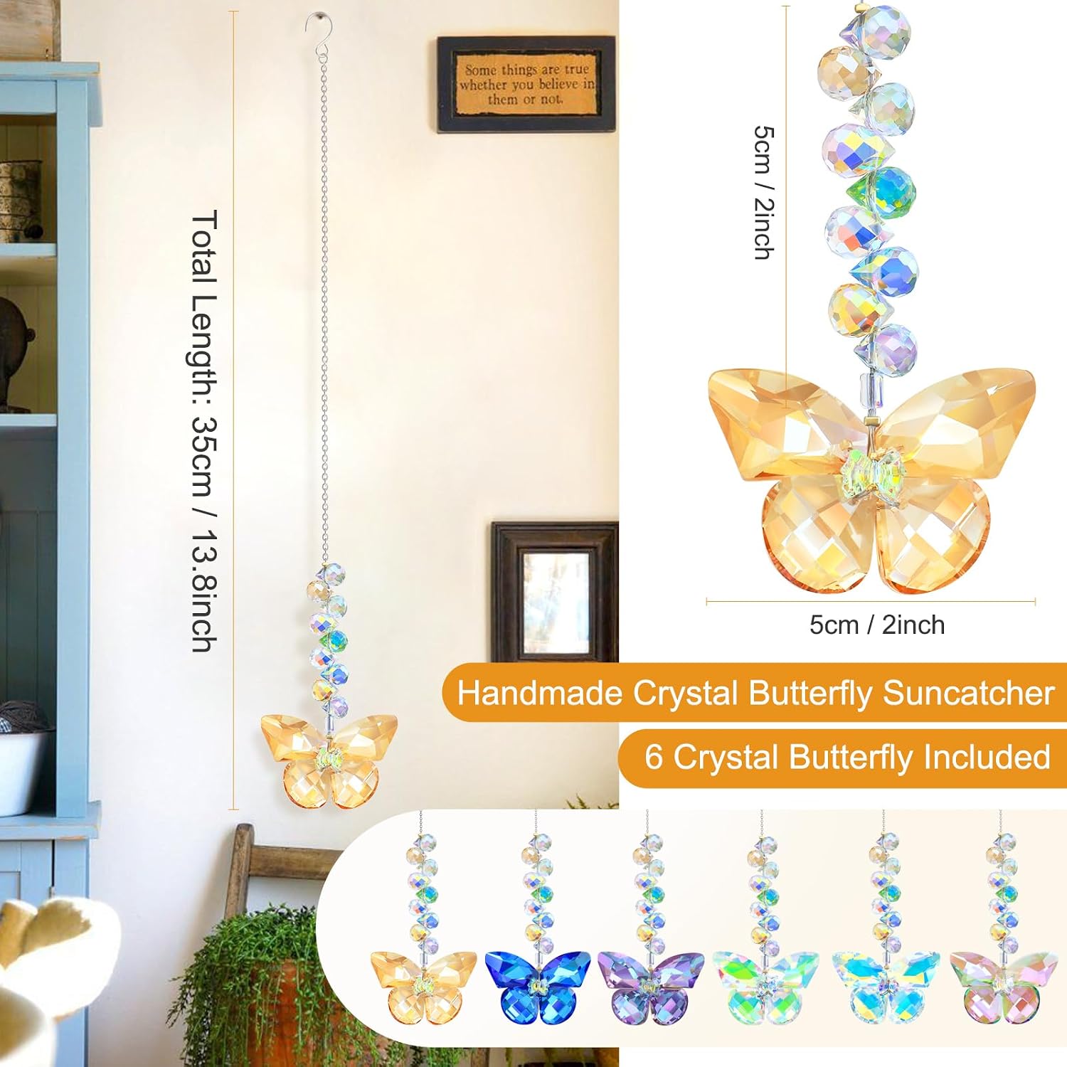 6pcs Crystal Butterfly Suncatchers Hanging Ornaments, Rainbow Maker Sun Catchers Indoor Window Outdoor Patio Garden Decor Gifts (Butterfly) image 2