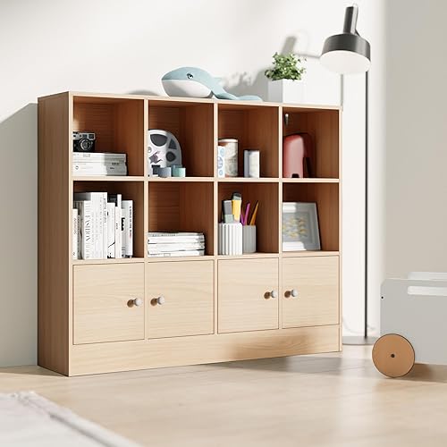 Miniatura 3 de Cozy Castle Estantería de madera de roble, estante organizador de almacenamiento de 12 cubos con 4 puertas, armario de almacenamiento de 3 niveles