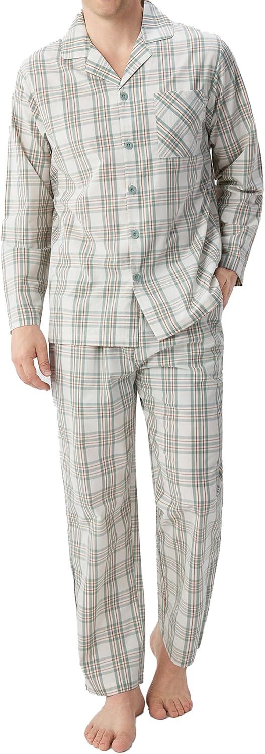 DAVID ARCHY Men's Pajama Set Woven Cotton Pjs Plaid Lounge Set Button-Up Sleepwear Lightweight & Breathable Loungewear