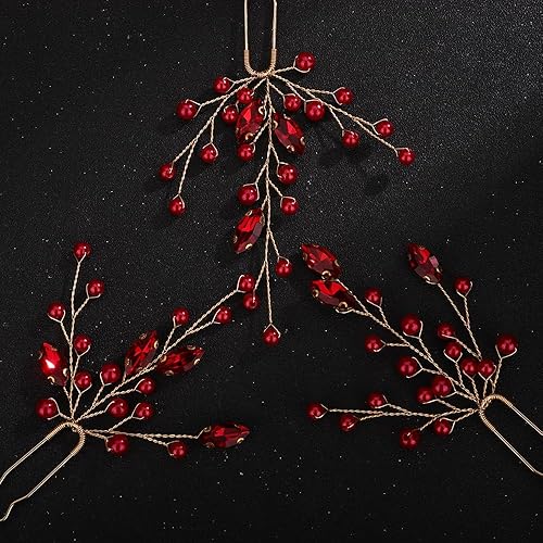 Miniatura 9 de Juego de 3 horquillas para el pelo de novia con perlas de cristal para novia, boda, accesorios para el cabello, hechos a mano, rojo, negro, azul,
