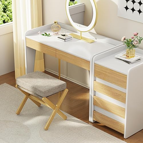 Miniatura 10 de BAMBOOHOMIE Taburete de tocador, taburete de maquillaje plegable con patas en X de bambú, taburete otomano pequeño para tocador, asiento acolchado