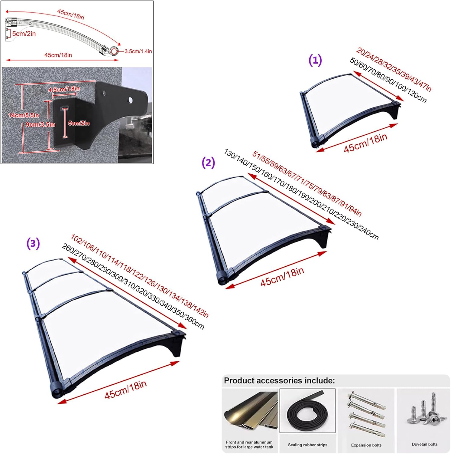 Modern Door and Window Canopy, Waterproof Sun and Rain Protection Awning, Clear Polycarbonate Cover, Outdoor Door Awning (18"x63") - Stylish & Durable Solution