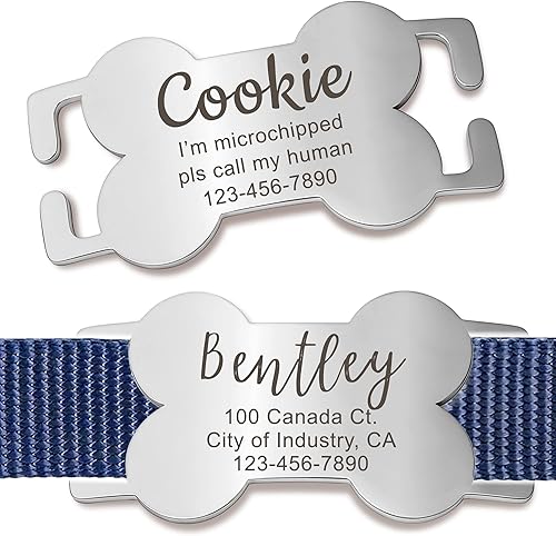 Anavia Etiquetas de identificación silenciosas con forma de hueso, S, M, L, XL, color dorado y negro, con grabado personalizado para gato, perro,