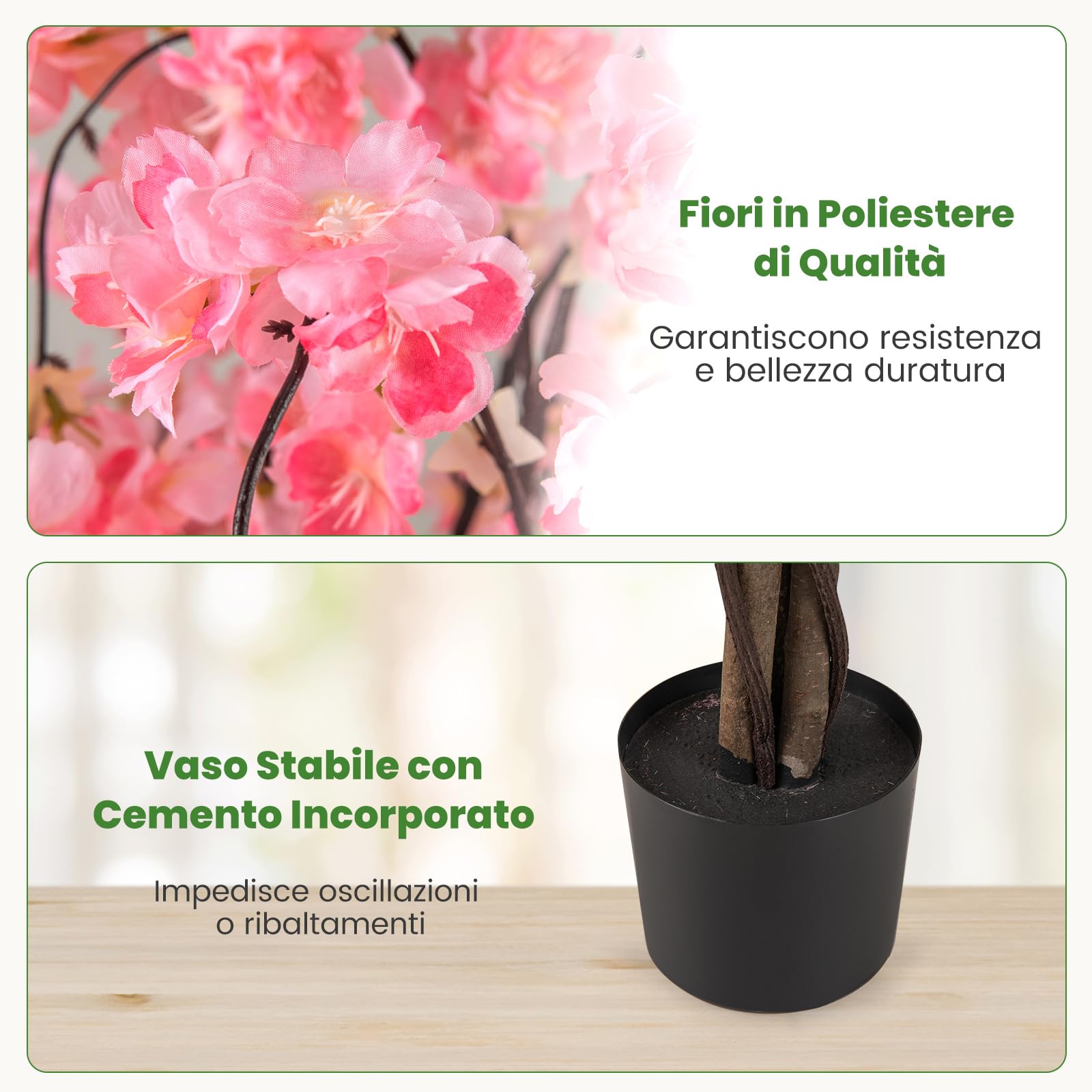 COSTWAY Albero di Ciliegio Artificiale 163 CM, Pianta Finta da Interno con Vaso in PP Riempito con Cemento, Fiori in Tessuto, Decorazione per Ufficio, Casa e Veranda (Rosa)